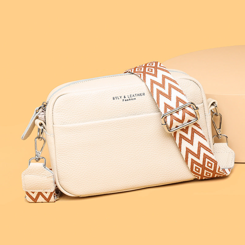 Genuine Cowhide Leather Fashion Shoulder Crossbody Bags With Rhombus Embroidered Wide Shoulder Strap Cute Small Square Bag Women