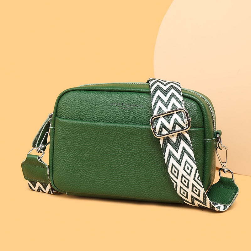 Genuine Cowhide Leather Fashion Shoulder Crossbody Bags With Rhombus Embroidered Wide Shoulder Strap Cute Small Square Bag Women