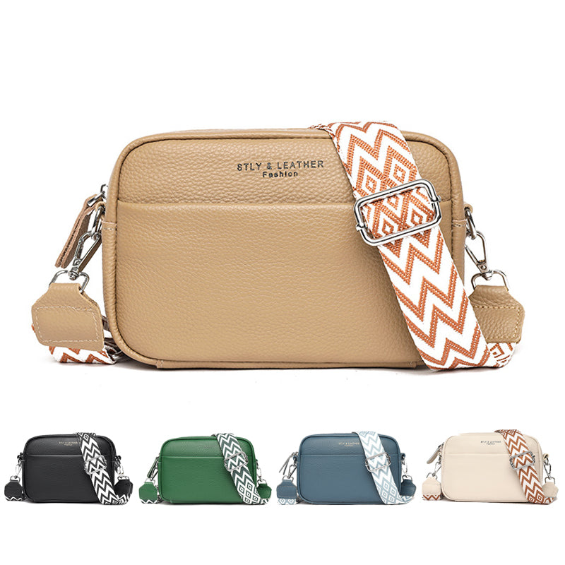 Genuine Cowhide Leather Fashion Shoulder Crossbody Bags With Rhombus Embroidered Wide Shoulder Strap Cute Small Square Bag Women