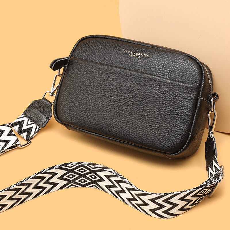 Genuine Cowhide Leather Fashion Shoulder Crossbody Bags With Rhombus Embroidered Wide Shoulder Strap Cute Small Square Bag Women