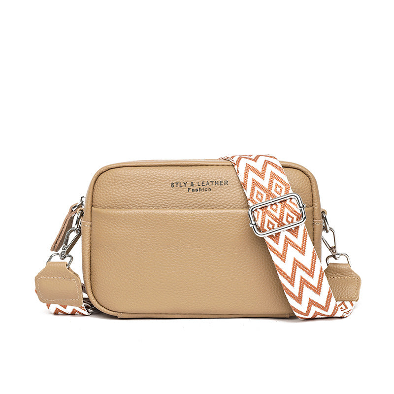 Genuine Cowhide Leather Fashion Shoulder Crossbody Bags With Rhombus Embroidered Wide Shoulder Strap Cute Small Square Bag Women