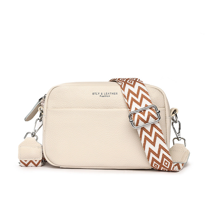 Genuine Cowhide Leather Fashion Shoulder Crossbody Bags With Rhombus Embroidered Wide Shoulder Strap Cute Small Square Bag Women