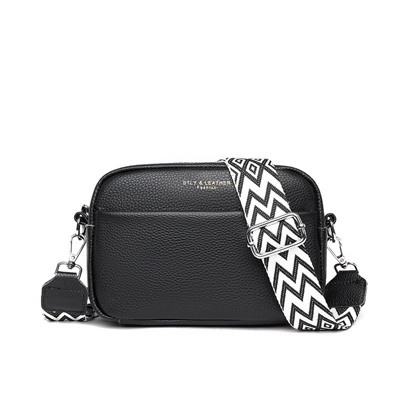 Genuine Cowhide Leather Fashion Shoulder Crossbody Bags With Rhombus Embroidered Wide Shoulder Strap Cute Small Square Bag Women