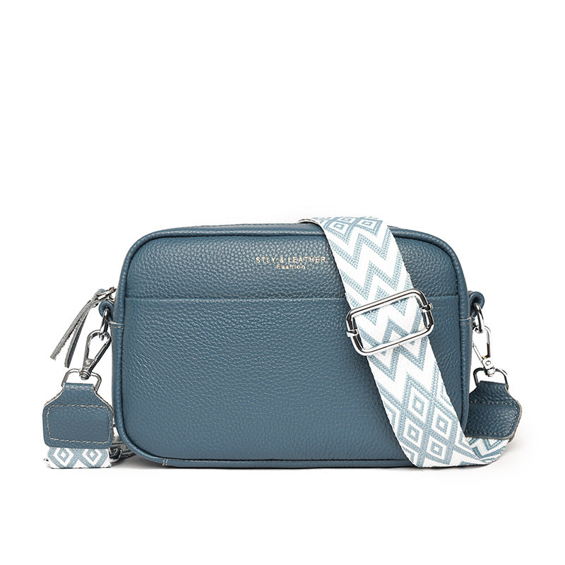 Genuine Cowhide Leather Fashion Shoulder Crossbody Bags With Rhombus Embroidered Wide Shoulder Strap Cute Small Square Bag Women