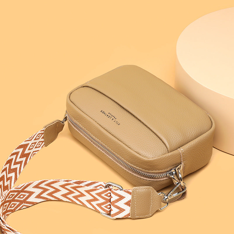 Genuine Cowhide Leather Fashion Shoulder Crossbody Bags With Rhombus Embroidered Wide Shoulder Strap Cute Small Square Bag Women