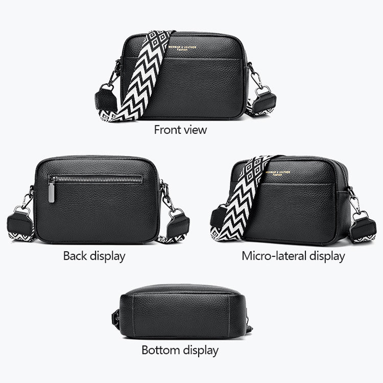 Genuine Cowhide Leather Fashion Shoulder Crossbody Bags With Rhombus Embroidered Wide Shoulder Strap Cute Small Square Bag Women