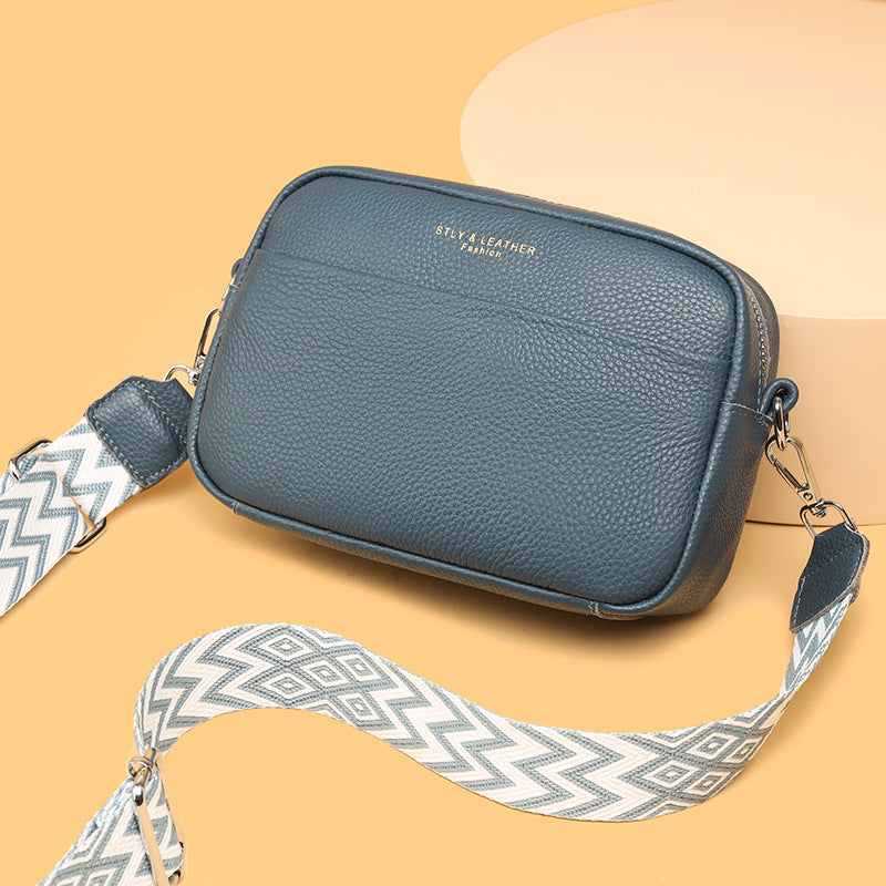 Genuine Cowhide Leather Fashion Shoulder Crossbody Bags With Rhombus Embroidered Wide Shoulder Strap Cute Small Square Bag Women